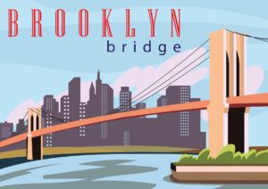 Cartoon of the Brooklyn Bridge with the Manhattan Skyline in the background