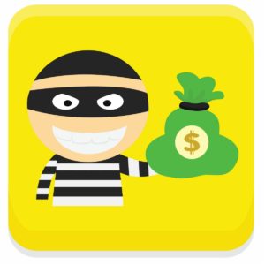 Cartoon of smiling criminal holding bag of money on yellow background