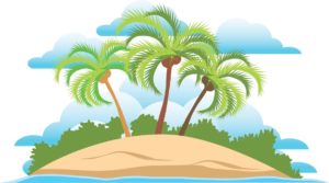 Cartoon of a deserted tropical island with three coconut palms in the foreground