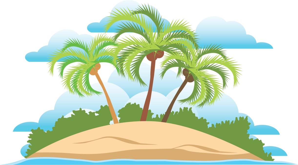 Cartoon of a deserted tropical island with three coconut palms in the foreground