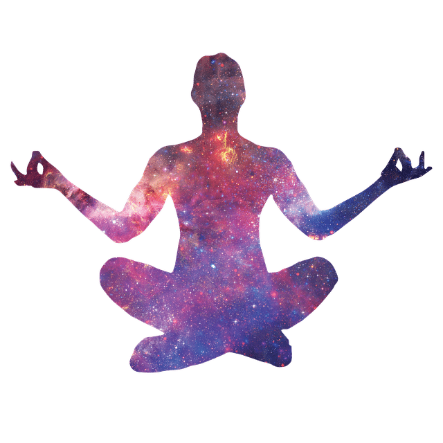Man in Yoga Zen Lotus position silhouetted with Cosmos-Space Background