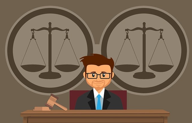 Cartoon of scales of justice with judge