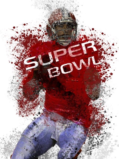 Football playe in blue and red catching a football with the words: "Super Bowl" in white on top