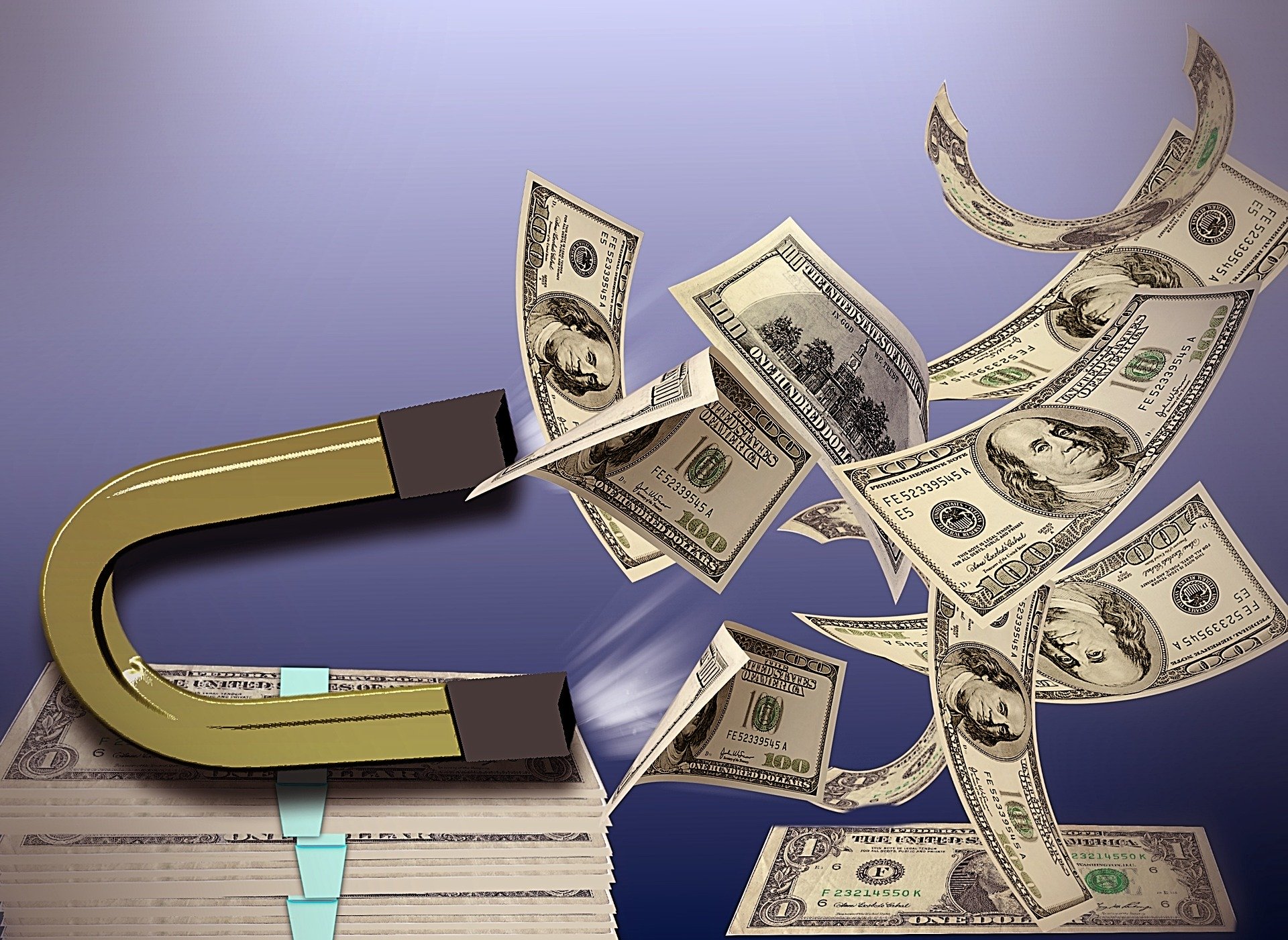Cartoon magnet pulling 100-dollar bills in a forex scam