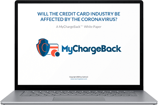 Iconic silver opened laptop, with a white screen showing the MyChargeBack logo and title: "Will the credit card industry be affected by the coronavirus"