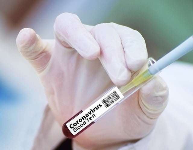 Medical worker's hands with latex gloves, drawing blood from a vial marked "Corona virus blood test" for a potential vaccine