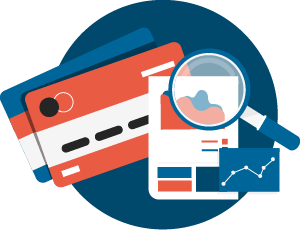 Icon of a magnifying glass on a graph with credit cards in the background