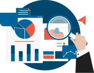 Icon of man with magnifying glass examining a pie graph and flow diagram on a document representing expertise