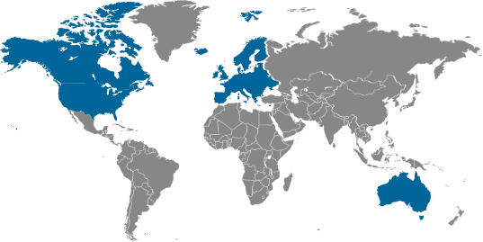 Political world map with North America, Europe, and Australia colored in blue with the rest of the world in dark grey
