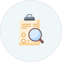 Icon of magnifying glass over clipboard with info