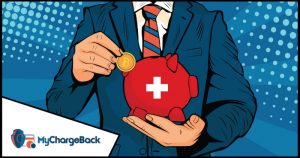 A comic illustration of a man placing a bitcoin in a piggy bank decorated with the swiss flag
