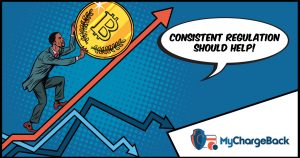A comic shows a man pushing a bitcoin up a line graph to illustrate the potential value of consistent crypto regulation