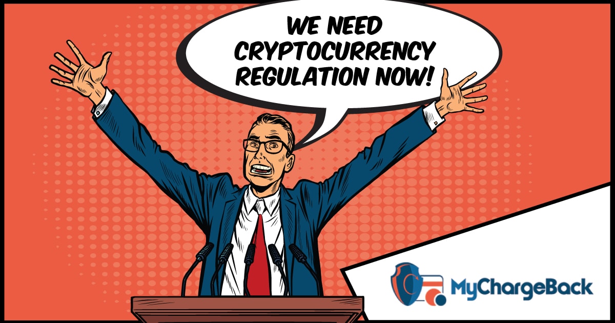 A comic illustration of a man advocating for cryptocurrency regulation