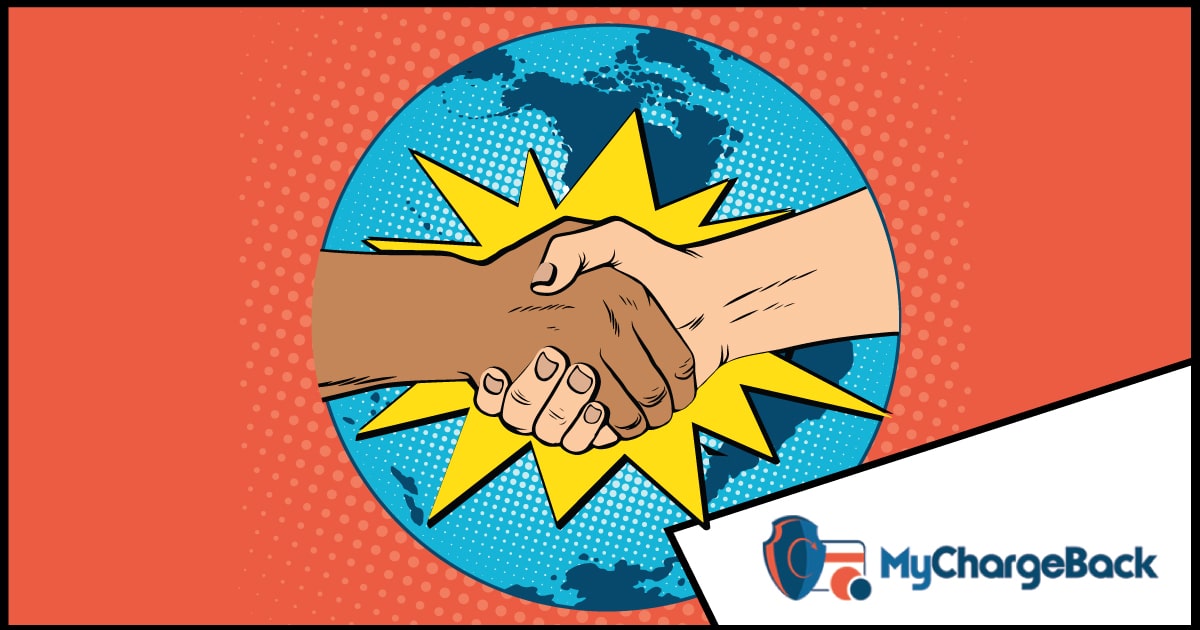 A comic of two hands shaking in front of the globe illustrates the international cooperation forthcoming on crypto regulation
