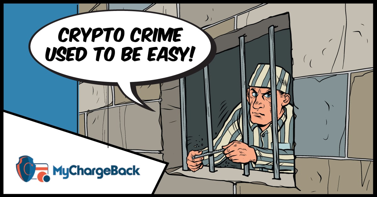 A cartoon shows a man in jail saying that crypto crime used to be easy