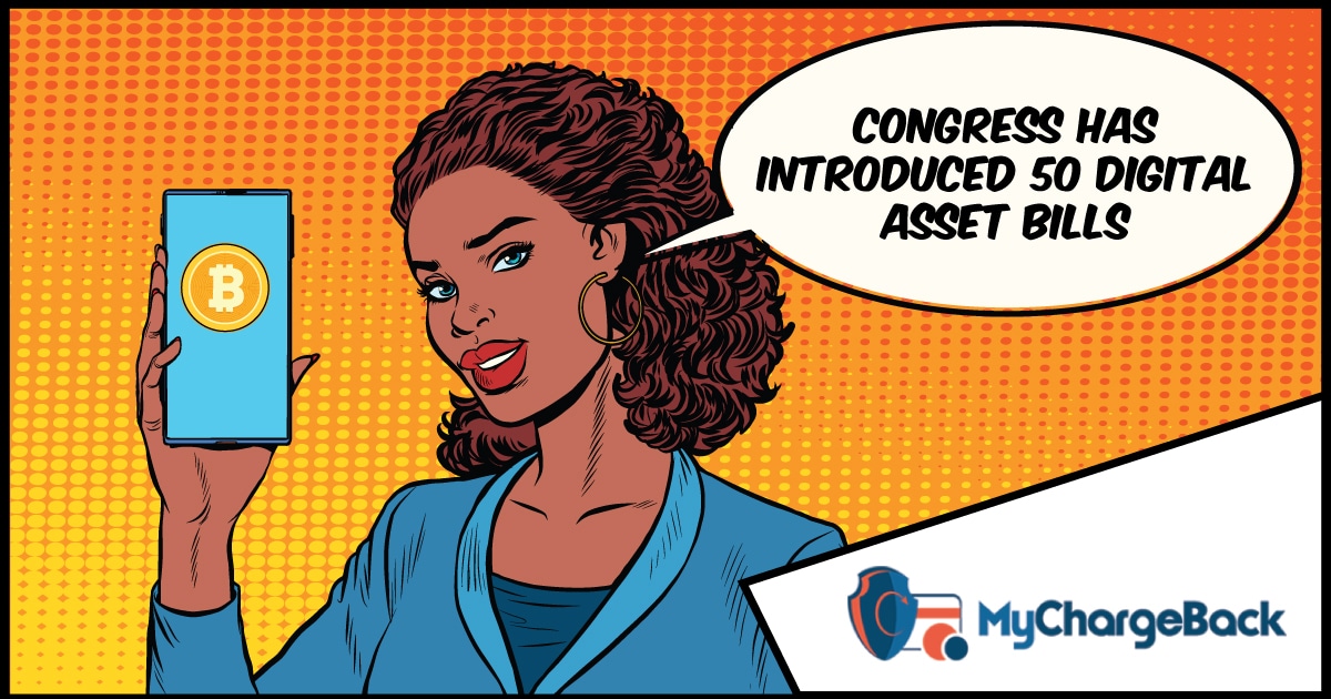 A comic showing a woman holding a smartphone and declaring that congress has introduced 50 digital asset bills