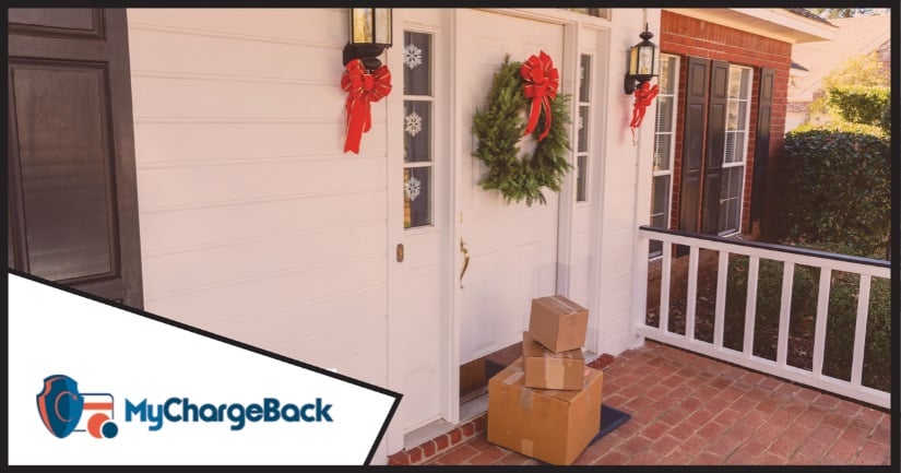 parcels sit near a front door decorated for christmas to illustrate the threat of delivery scams at the holidays